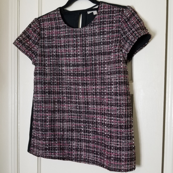 BANANA REPUBLIC black back tweed wool metallic front short sleeve top - Picture 3 of 9